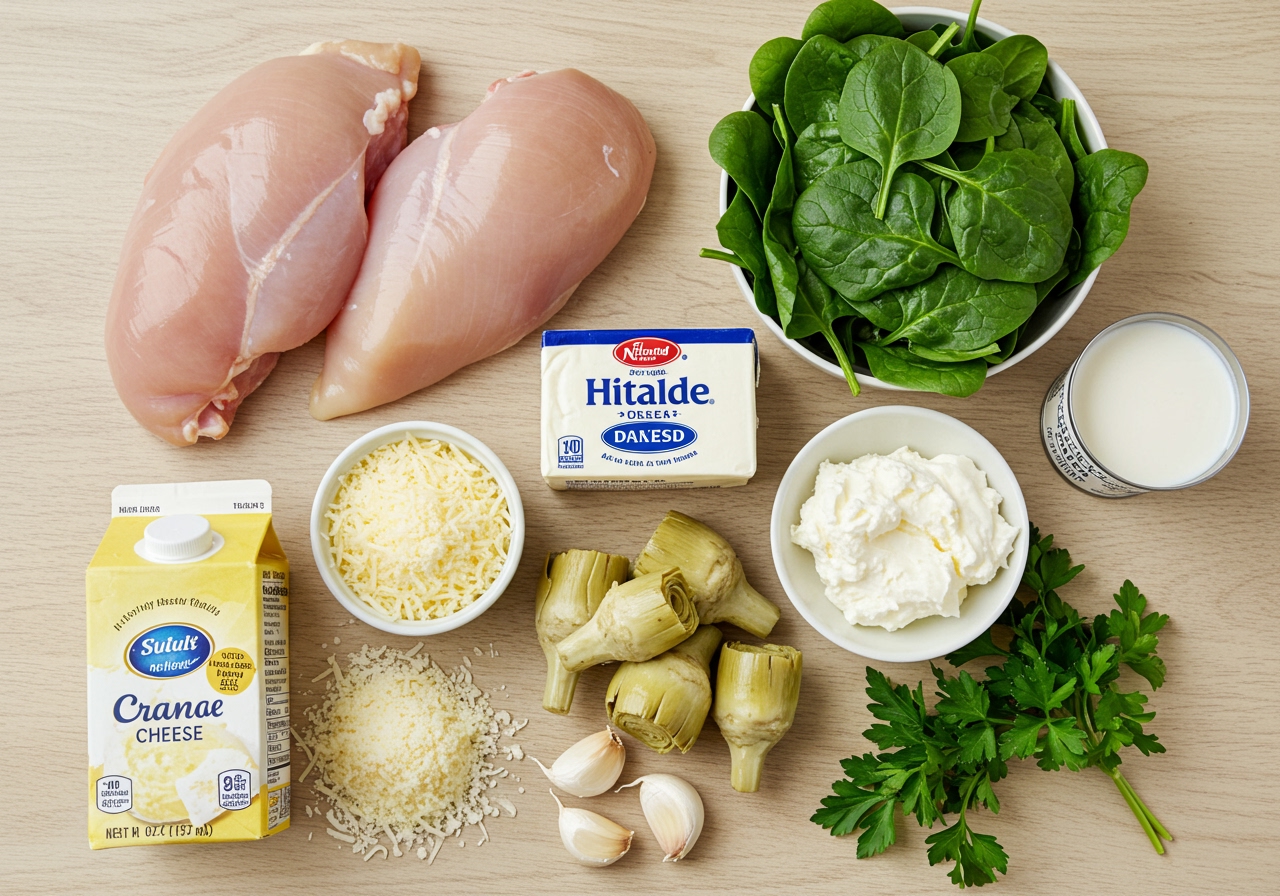 A flat lay of fresh ingredients for spinach artichoke chicken: chicken breasts, fresh spinach, canned artichoke hearts, cream cheese, parmesan cheese, garlic, and heavy cream.