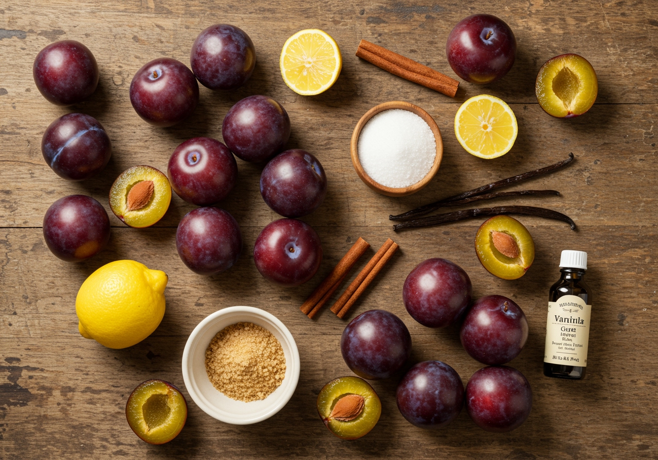 A flat lay of fresh, ripe plums, a bowl of sugar, a lemon, a cinnamon stick, and a small bottle of vanilla extract, neatly arranged on a rustic wooden table.