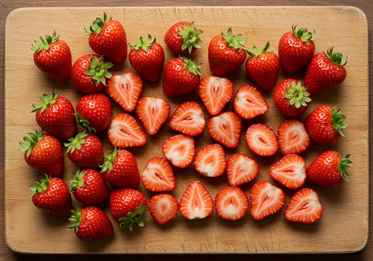 A flat lay of fresh, ripe strawberries, some whole, some sliced, scattered on a wooden board, ready for preparation.