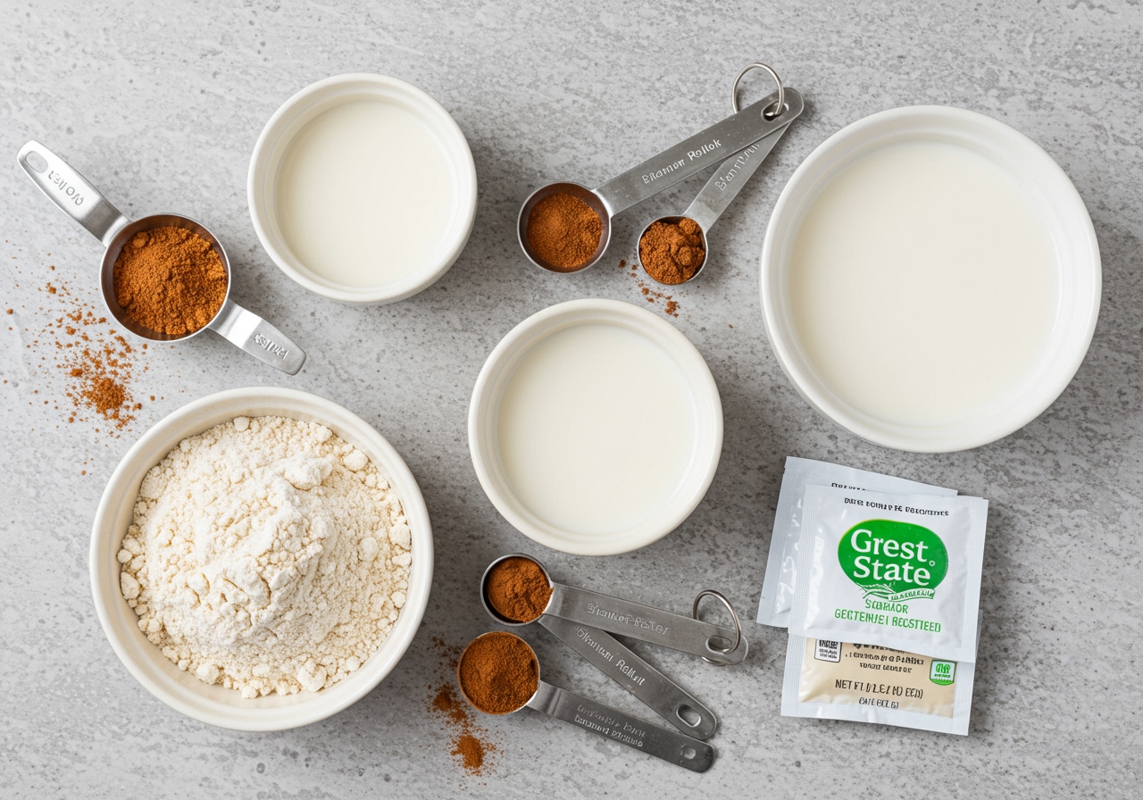 A flat lay of healthy ingredients for cinnamon rolls: whole wheat flour, measuring spoons with cinnamon and natural sweeteners, a bowl of plant-based milk, and fresh yeast packets. The setting is clean and well-lit, emphasizing naturalness.