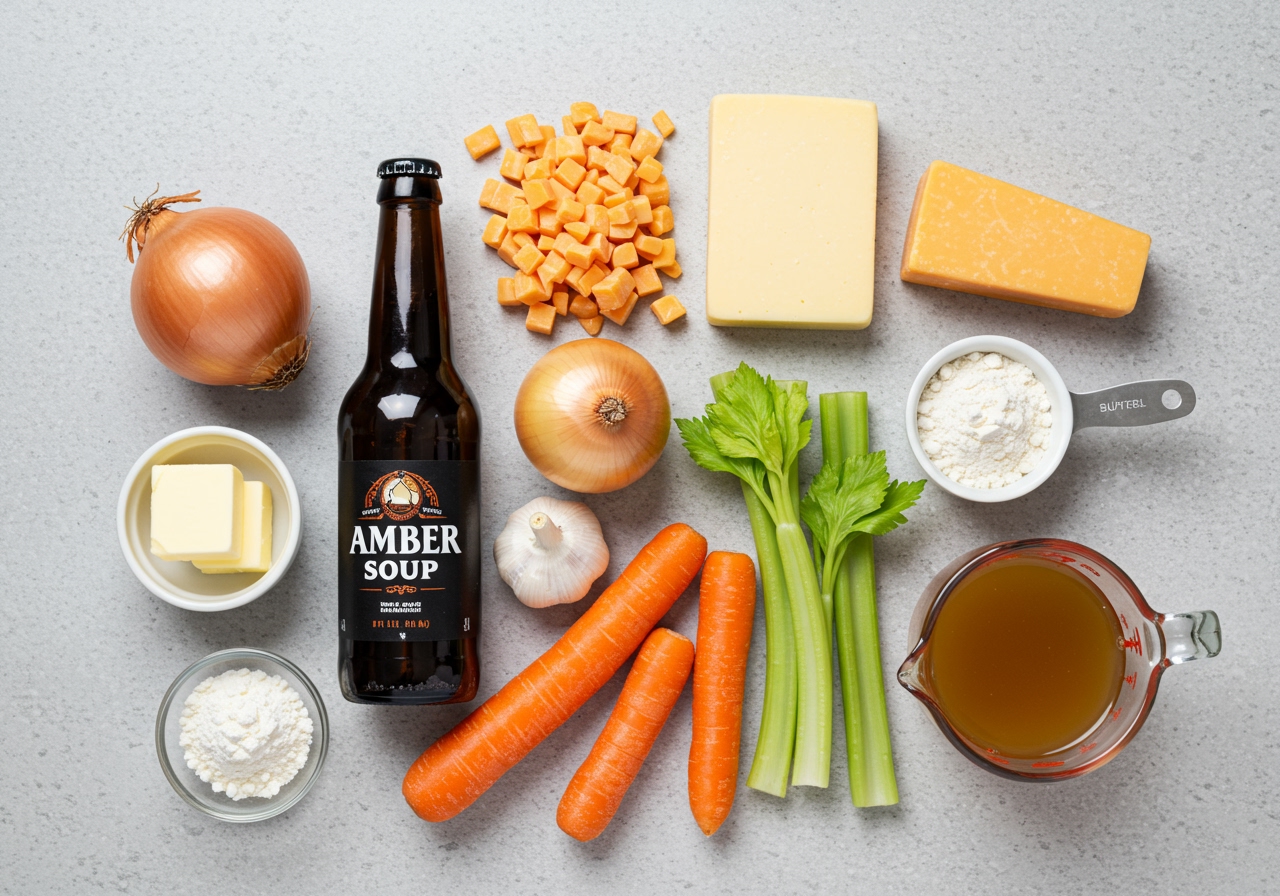 A flat lay of ingredients for beer cheese soup: a bottle of amber ale, blocks of cheddar and gruyere cheese, fresh onion, carrot, celery, garlic, butter, flour, and a measuring cup of broth.