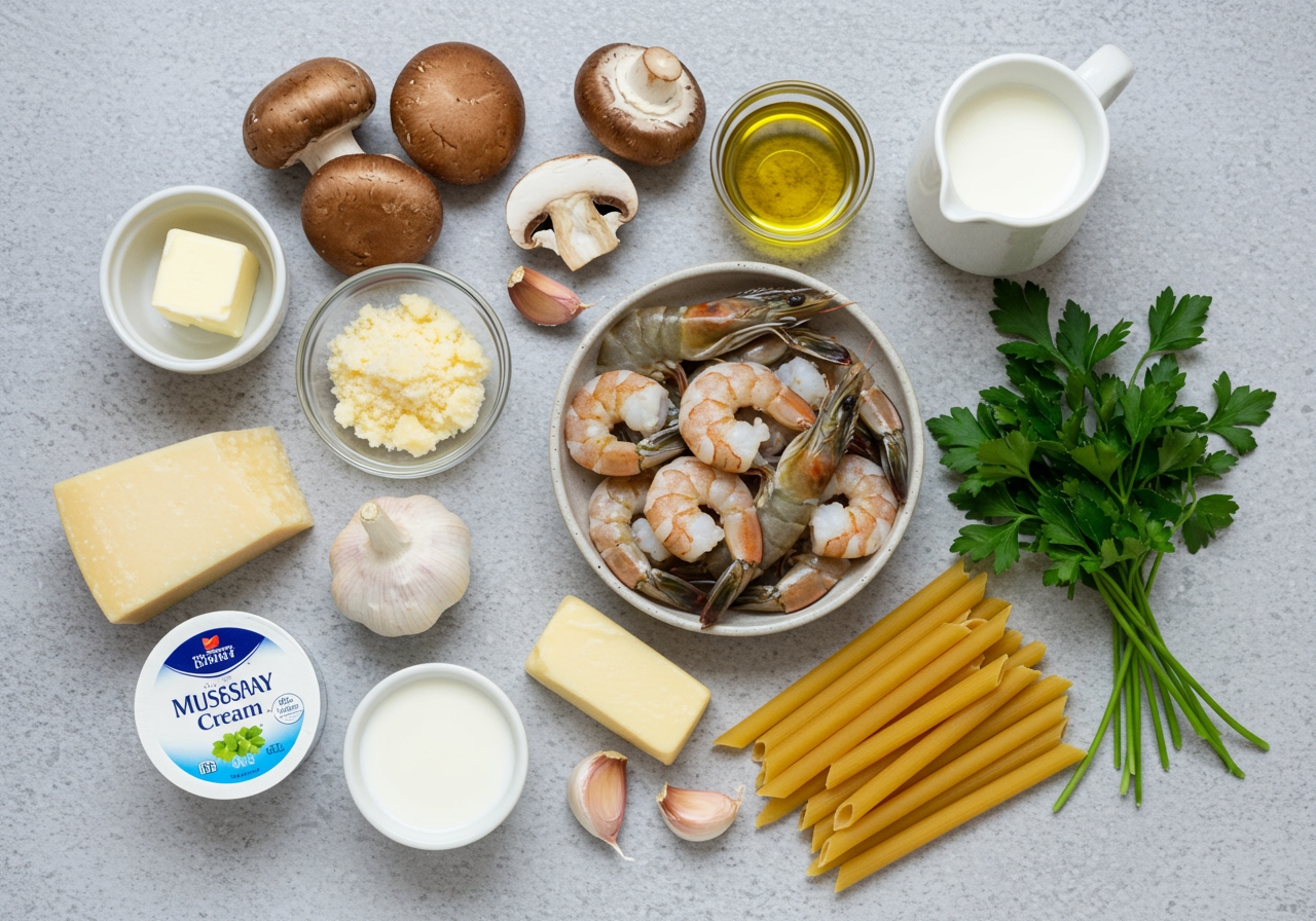A flat lay of ingredients for creamy shrimp and mushroom pasta: raw shrimp, whole and sliced mushrooms, garlic cloves, butter, olive oil, small containers of heavy cream and milk, a block of parmesan cheese, dried pasta, and a sprig of parsley.