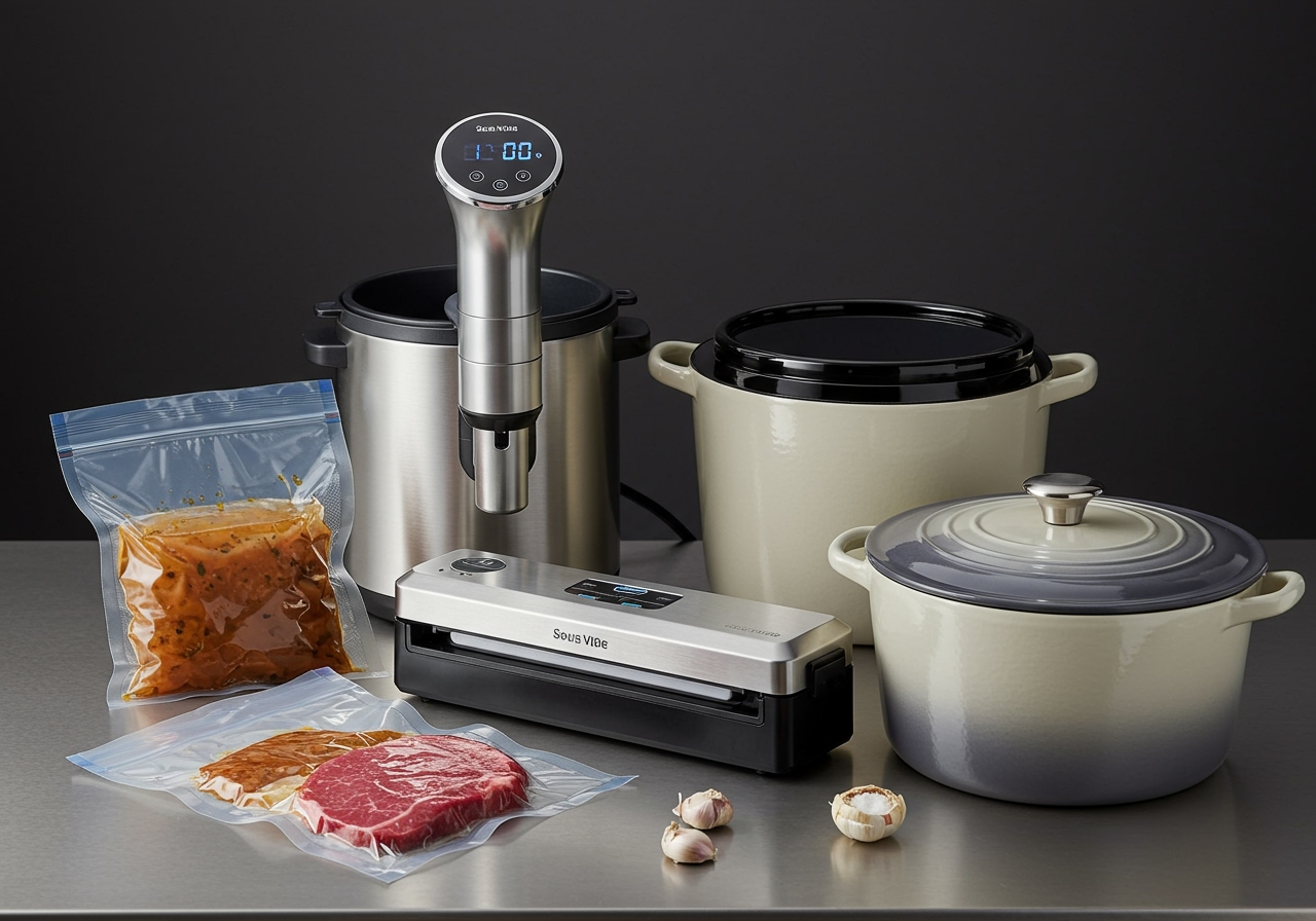 A flat lay of sous vide equipment: a sous vide immersion circulator, a vacuum sealer machine, vacuum bags, and a large cooking pot.