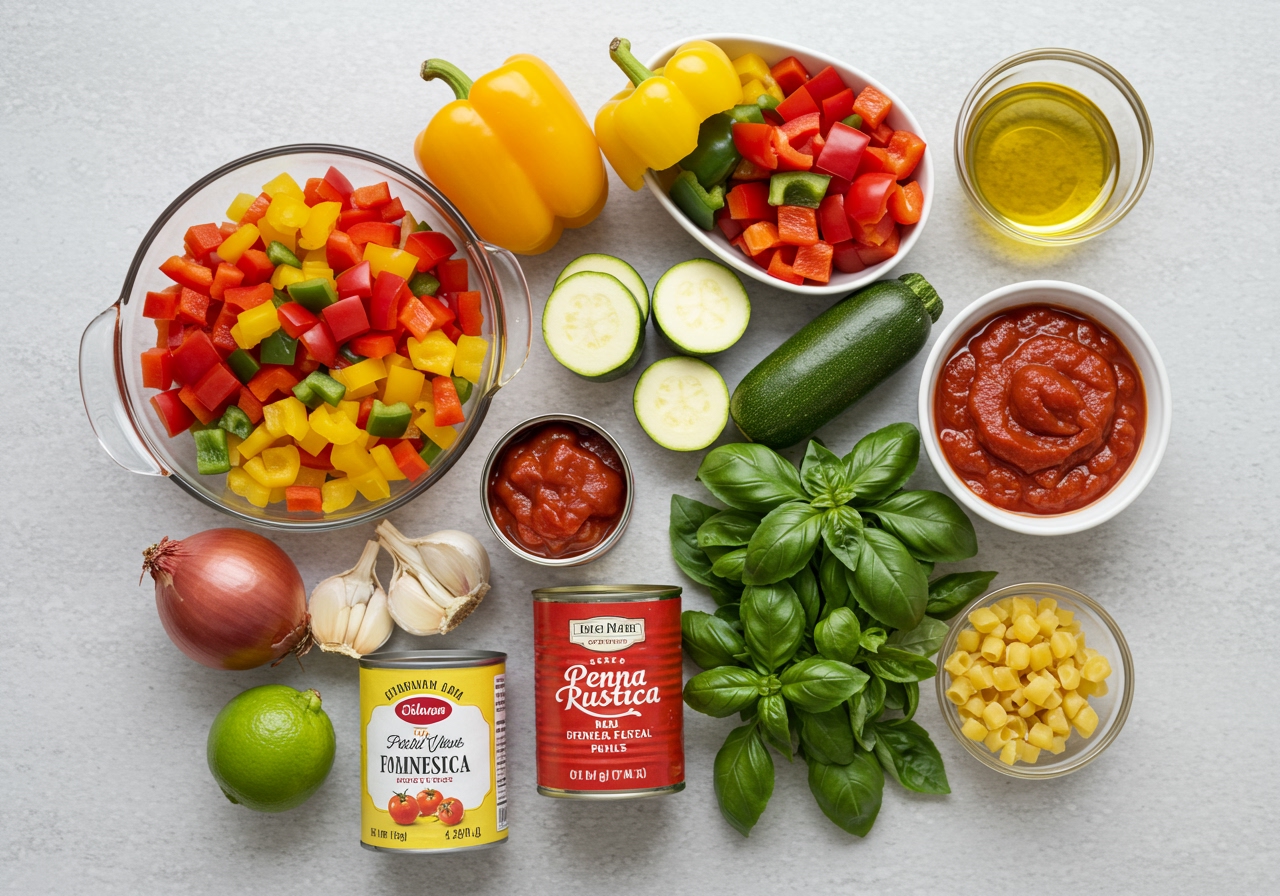A flat lay of the healthy ingredients for Penne Rustica: whole wheat penne, colorful chopped vegetables (bell peppers, zucchini, onions, garlic), a can of crushed tomatoes, fresh basil, and a bottle of olive oil.