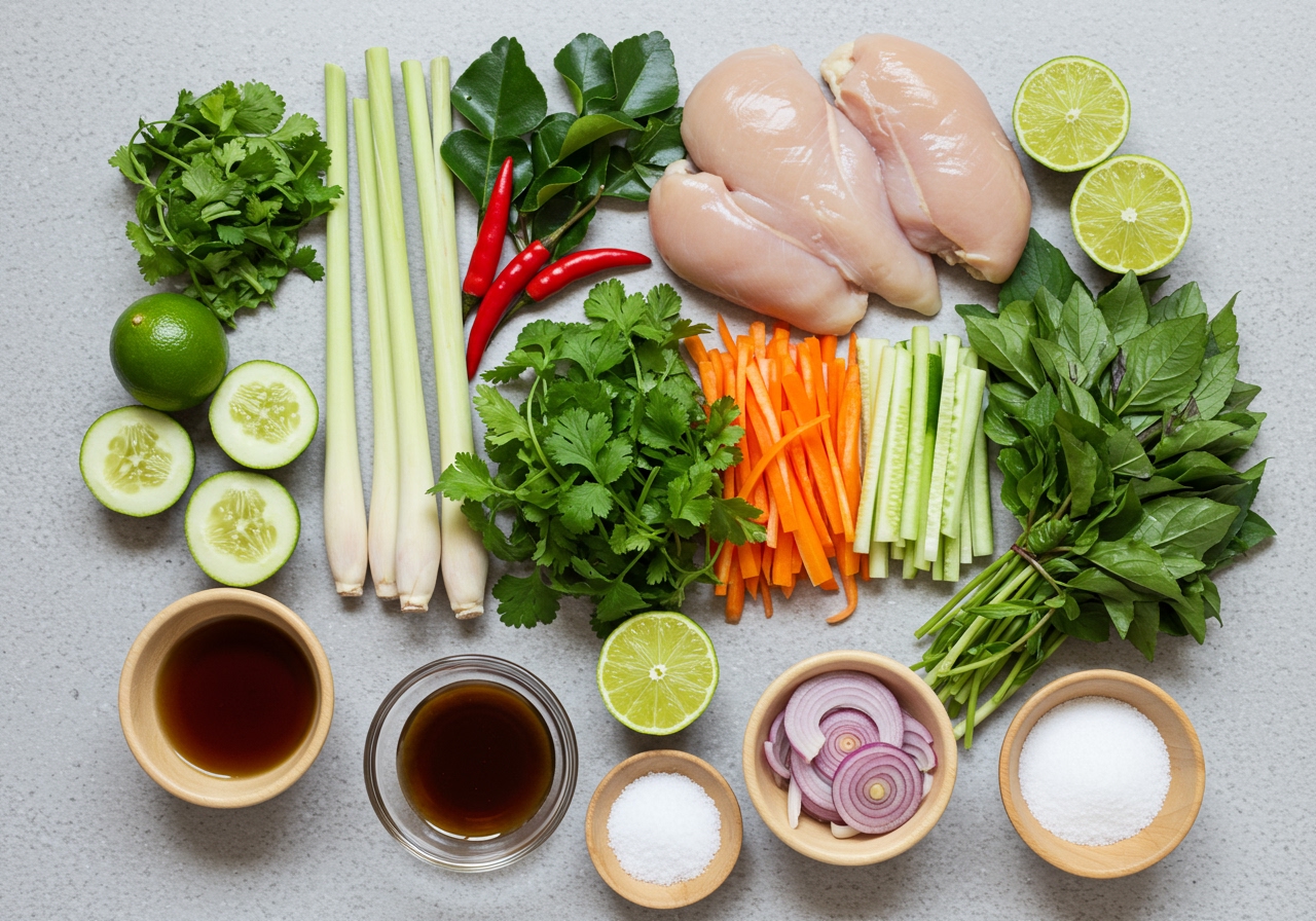 A flat lay of the ingredients for Vietnamese lemongrass chicken salad, including chicken breast, lemongrass stalks, various fresh herbs, colorful vegetables, and small bowls of fish sauce, lime juice, and sugar.