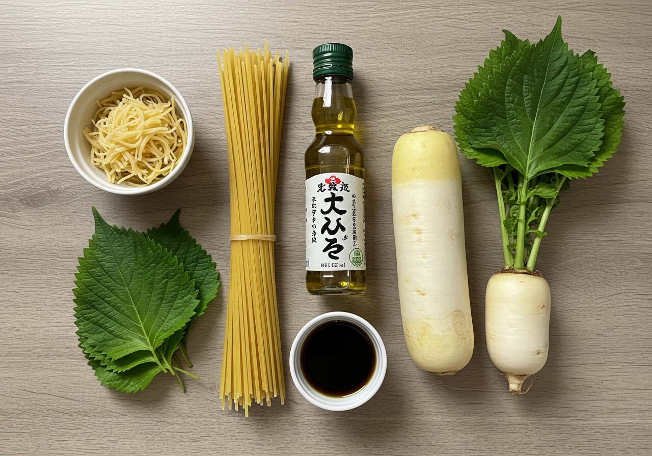 A flat lay of the main ingredients: a bunch of thin pasta, a portion of shirasu, a daikon radish, a bottle of olive oil, soy sauce, and some perilla leaves.