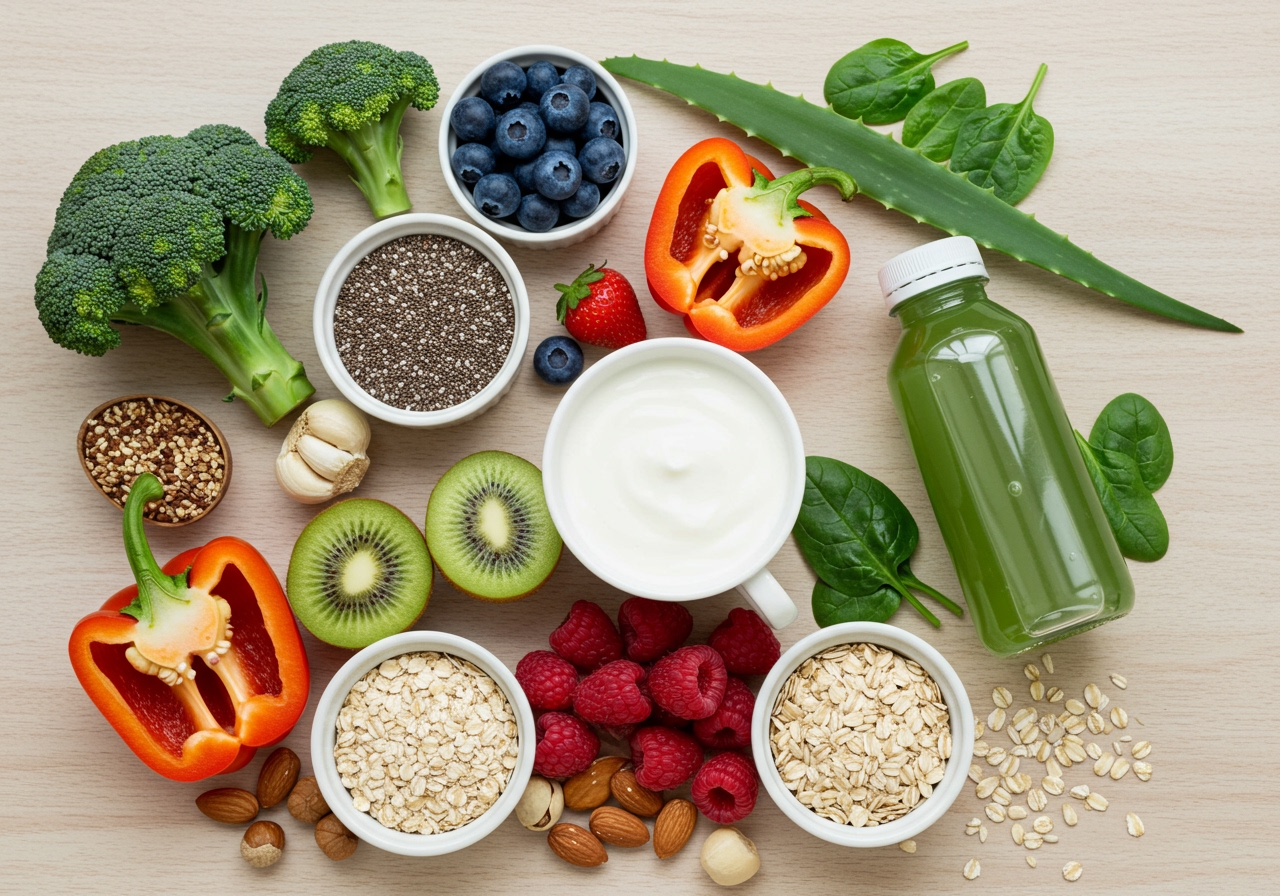 A flat lay of various gut-healthy foods: yogurt, fruits, vegetables, nuts, and grains, next to a bottle of aloe vera juice.