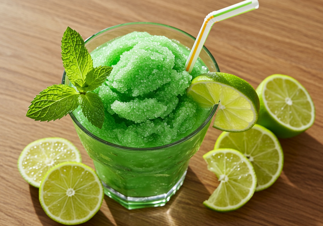 A flat lay photo of a vibrant green frozen cocktail on a wooden table, surrounded by fresh lime slices, mint leaves, and a colorful straw.