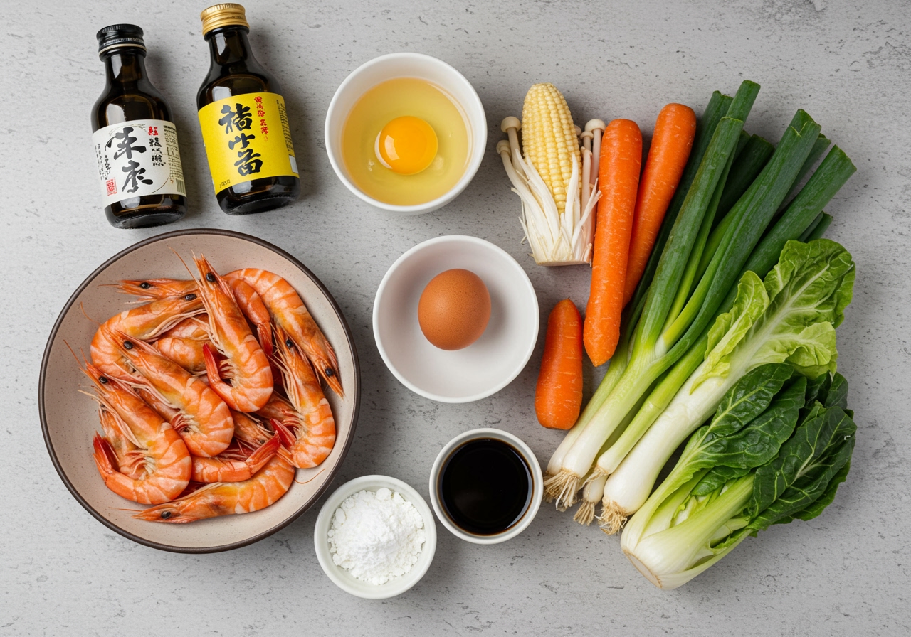 A flat lay photo of the ingredients for shrimp ball soup, showing a pile of pink shrimp, a bowl with an egg, a small dish of cornstarch, bottles of sake and soy sauce, and various colorful vegetables like carrots, mushrooms, and green onions.