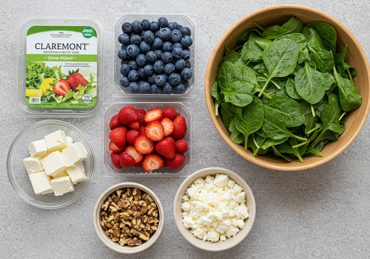 A flat lay photo showcasing the fresh ingredients for Claremont salad: a bowl of mixed greens, containers of strawberries and blueberries, a small bowl of chopped walnuts, and crumbled feta cheese.