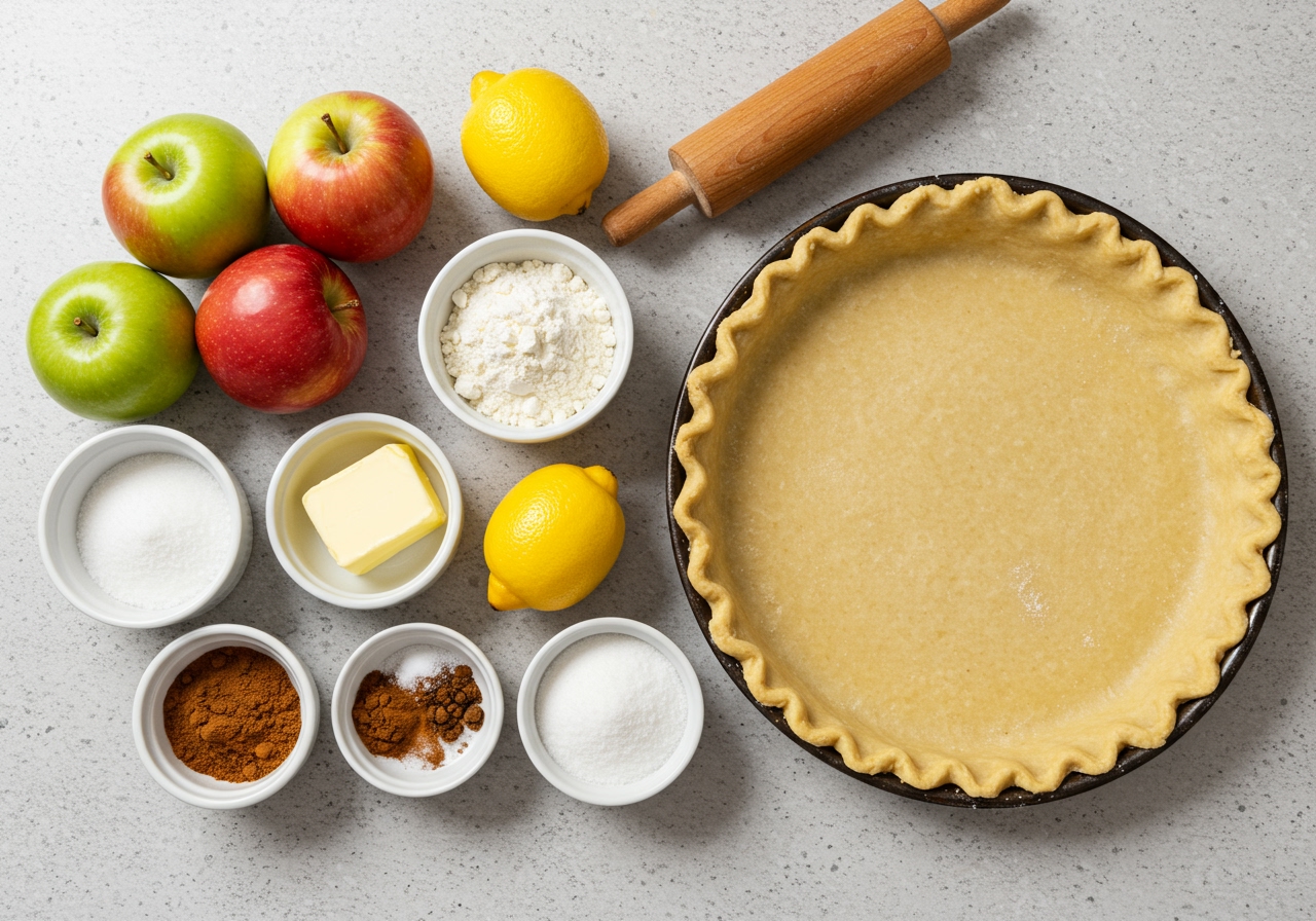 A flat lay photo showing all the ingredients for apple crumble pie: fresh apples, butter, flour, sugar, cinnamon, lemon, and a rolled-out pie crust, neatly arranged on a kitchen counter.