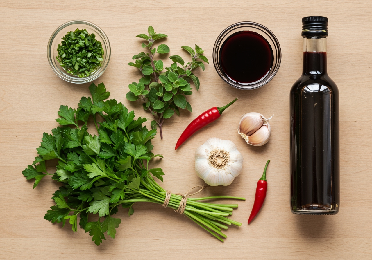 A flat lay shot of fresh chimichurri ingredients: vibrant green parsley, fresh oregano sprigs, garlic cloves, a small red chili, red wine vinegar, and a bottle of high-quality olive oil, all on a light wooden background.
