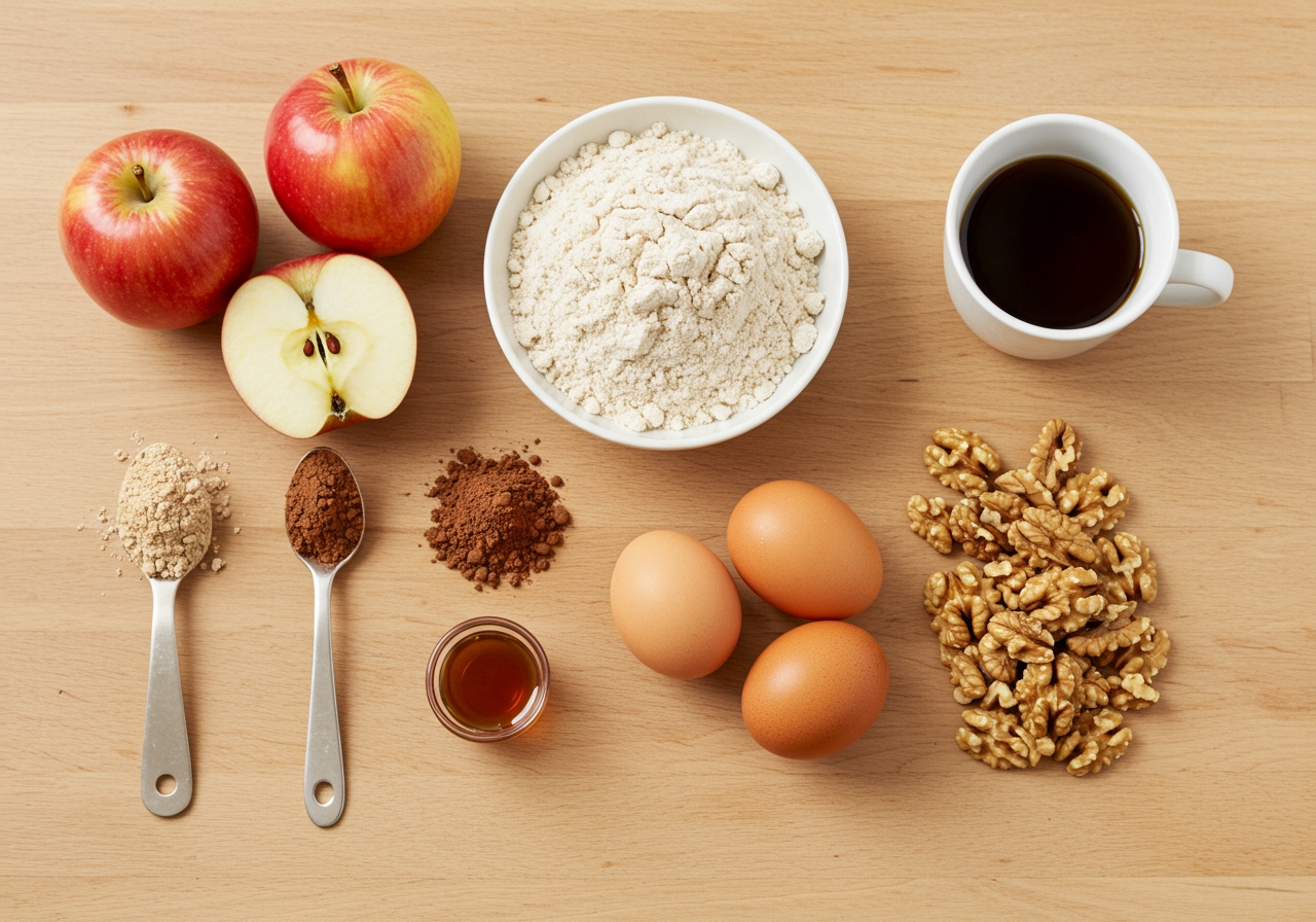 A flat lay shot of healthy apple brownie ingredients: apples, whole wheat flour, unsweetened cocoa powder, eggs, maple syrup, and walnuts on a light wooden background.