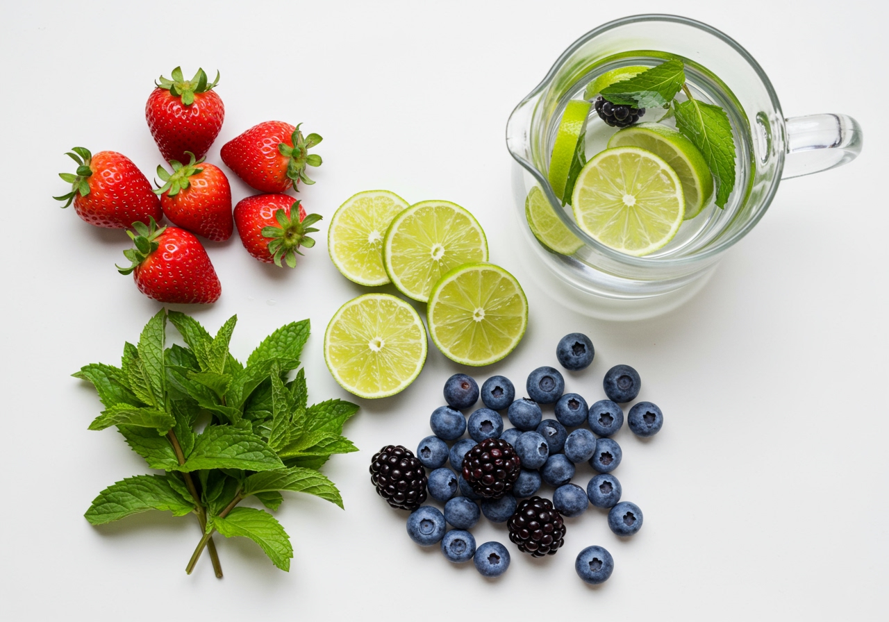 A flat lay showing ingredients for a healthy drink: fresh berries, mint leaves, and lime slices next to a glass pitcher of water.
