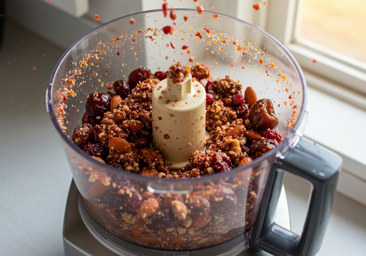 A food processor blending dried cranberries, dates, and nuts into a rough, reddish mixture.