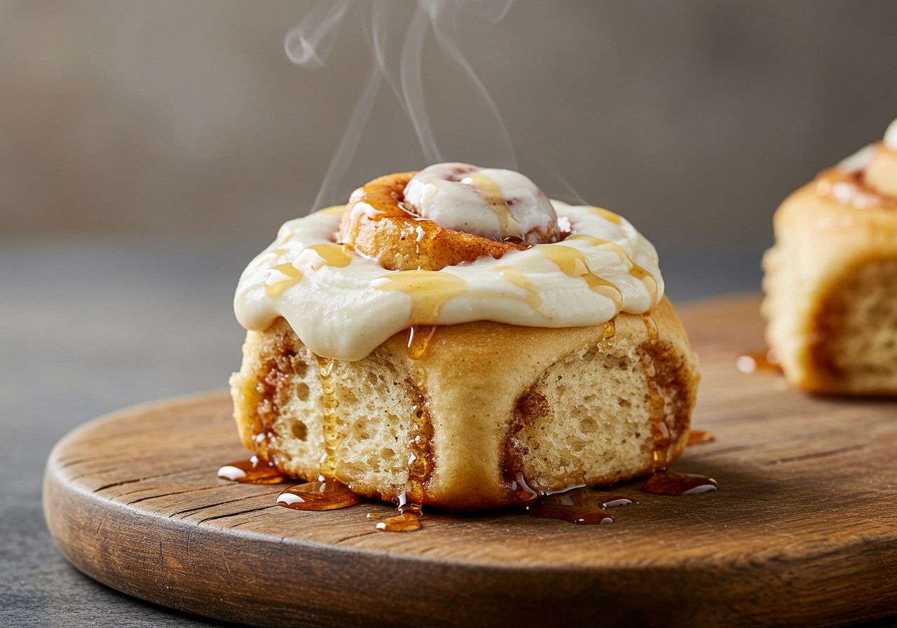 A freshly baked, healthy cinnamon roll with a light, creamy frosting, drizzled with a touch of maple syrup, placed on a rustic wooden board. Steam is subtly rising from it, indicating warmth. The background is softly blurred, focusing on the roll.