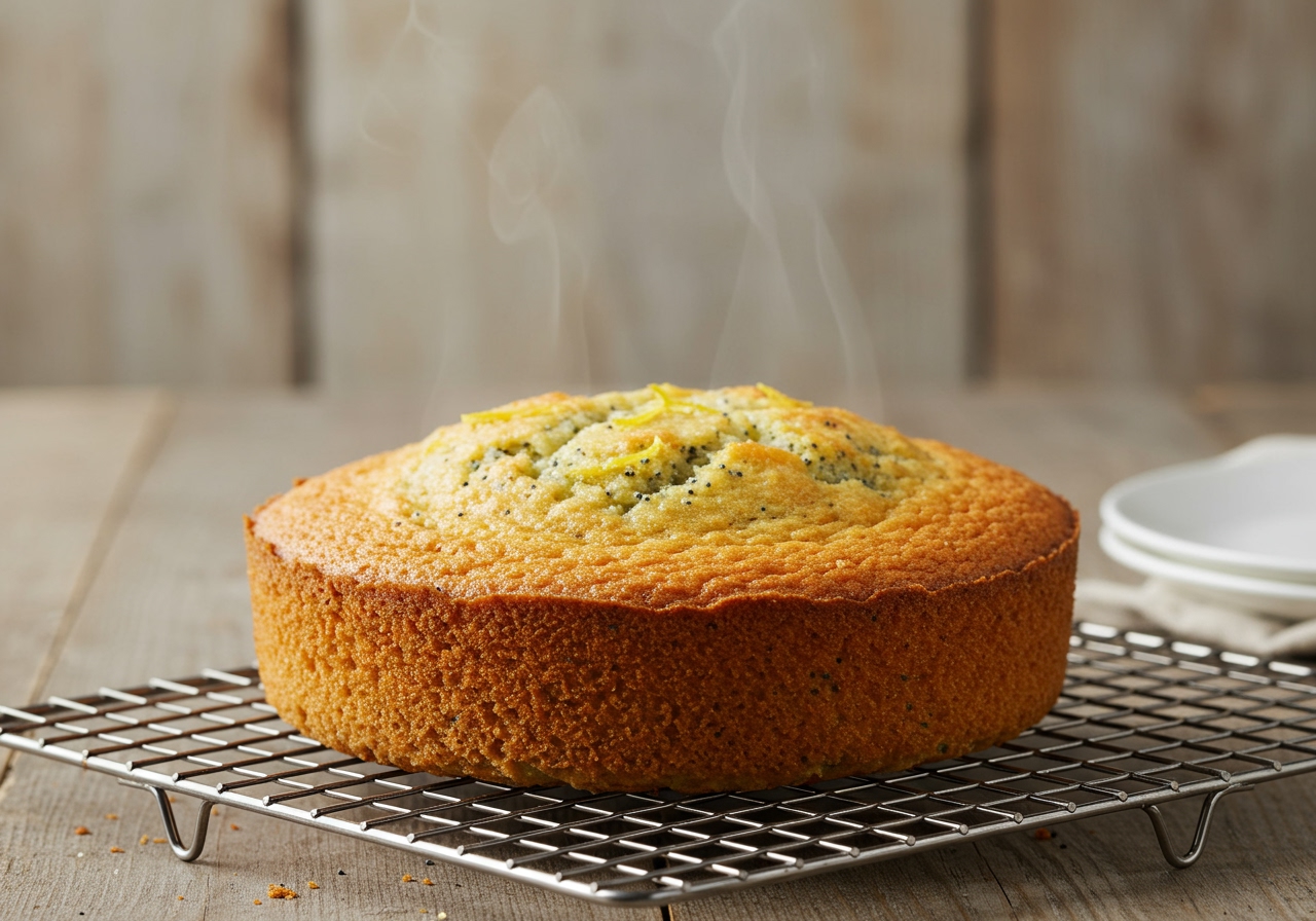 A freshly baked lemon poppy seed quick cake cooling on a wire rack, steam gently rising, golden brown crust, rustic background.