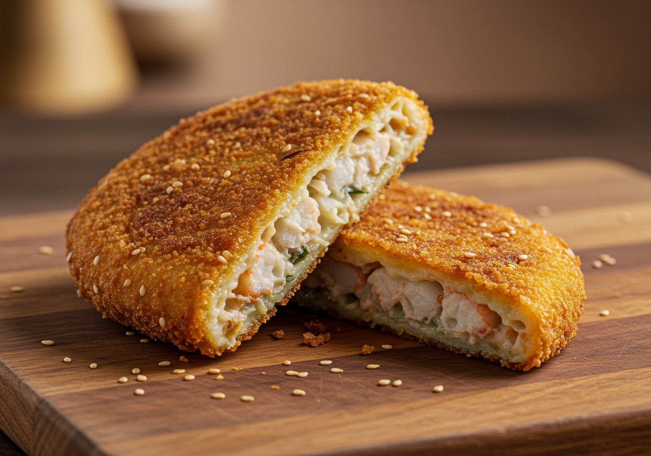 A freshly cooked seafood chijimi, golden brown and crispy on both sides, placed on a cutting board.