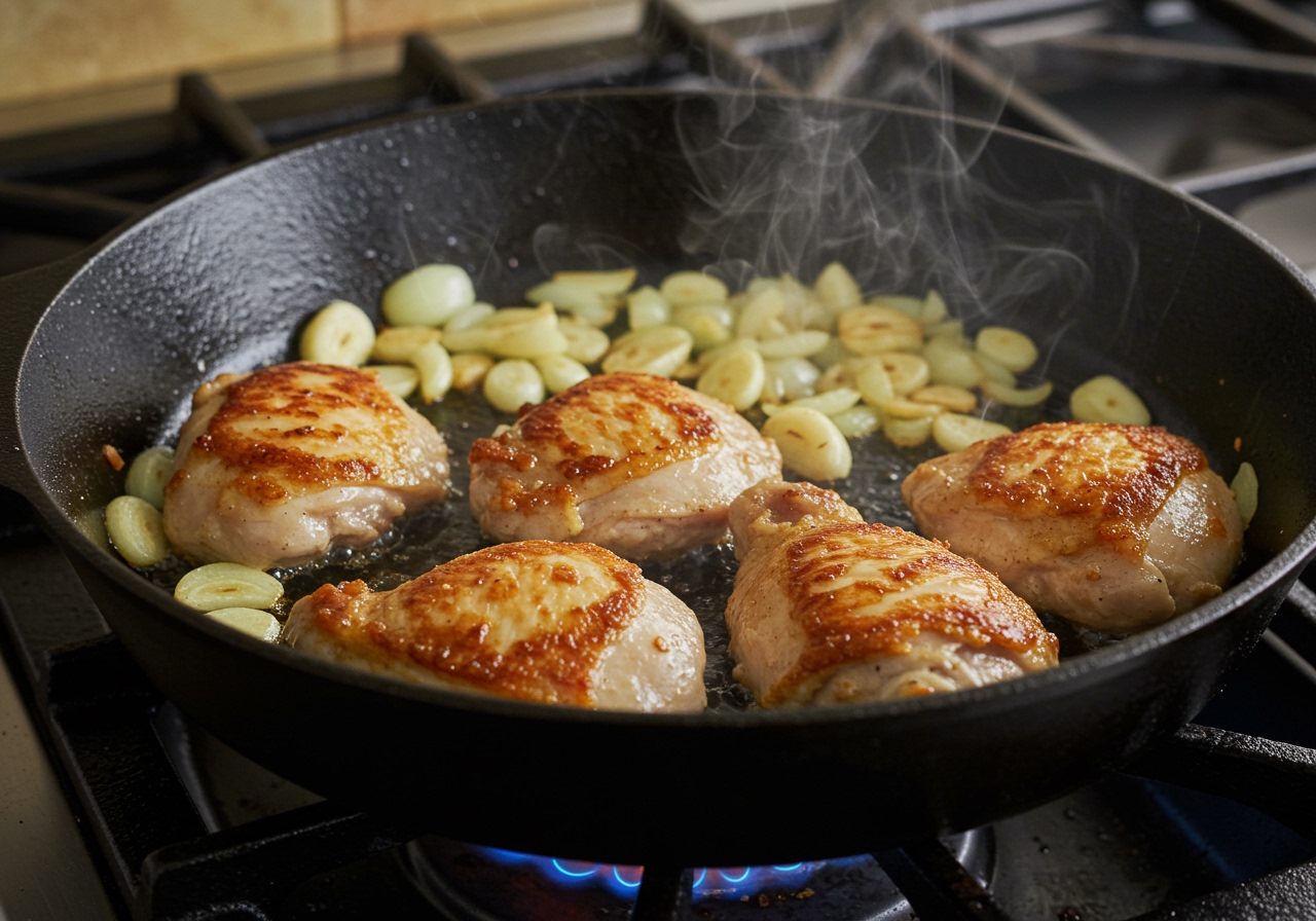 A frying pan on a stove, showing chicken pieces browning, with chopped onions and garlic beginning to soften in the background.