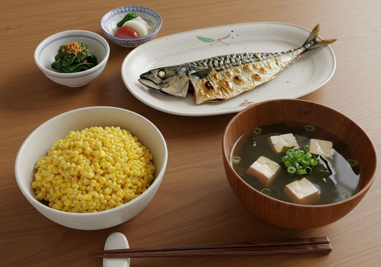 A full Japanese meal setting with a bowl of corn rice, miso soup, grilled fish, and a couple of small side dishes
