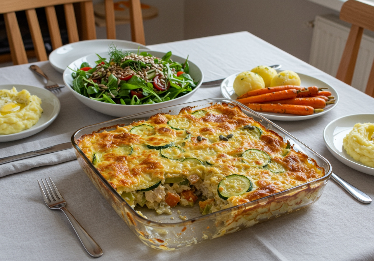 A full spread on a dinner table with the zucchini and chicken casserole as the centerpiece, alongside a salad and simple side dishes