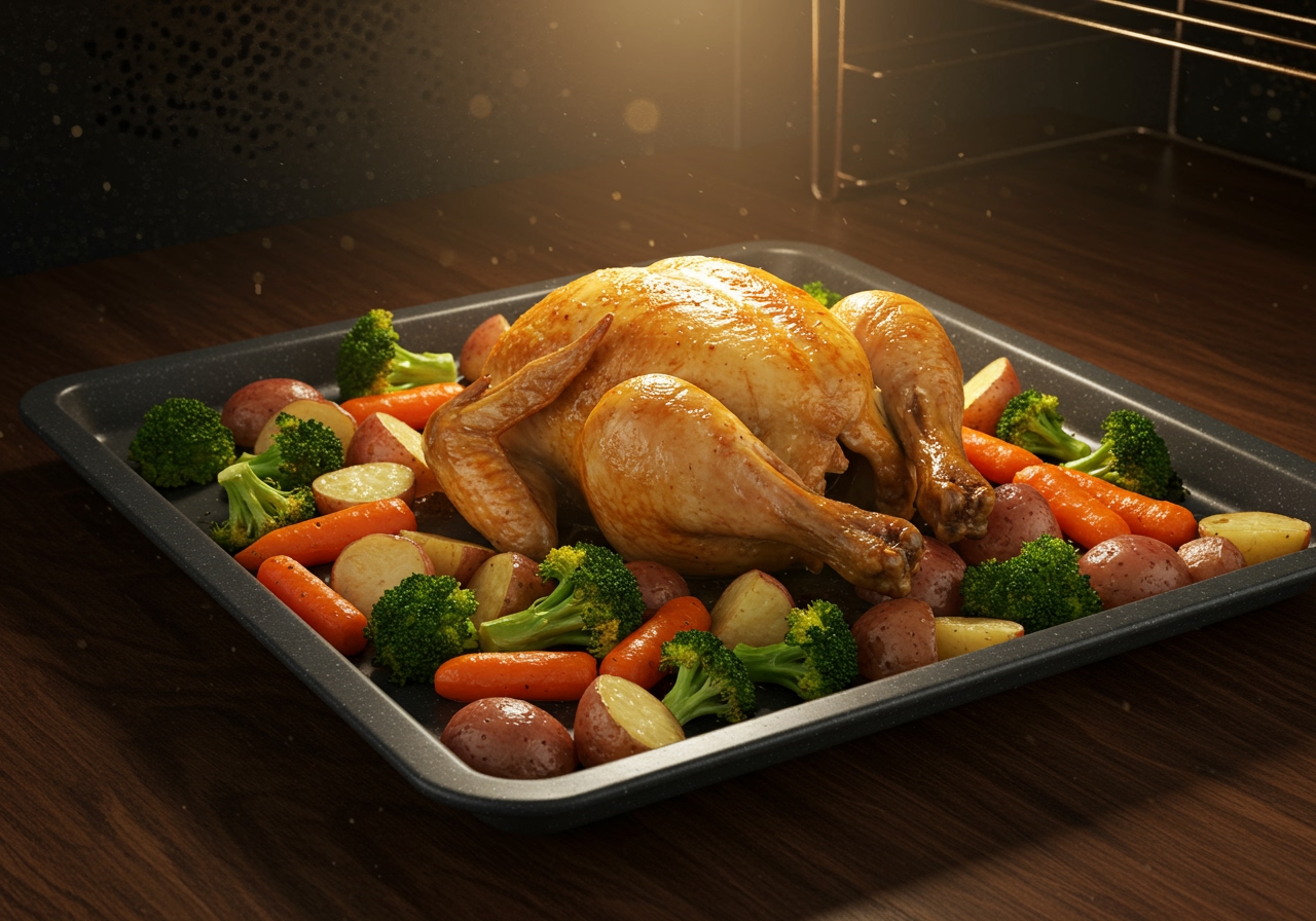 A fully assembled sheet pan meal (e.g., roasted chicken and vegetables) fresh out of the oven, looking golden brown and delicious.