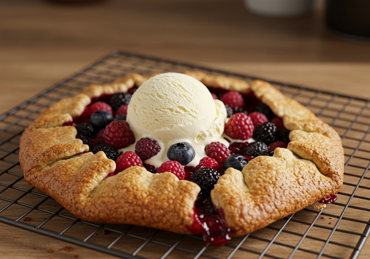 A fully baked rustic fruit galette on a cooling rack, with a scoop of vanilla ice cream melting on top.