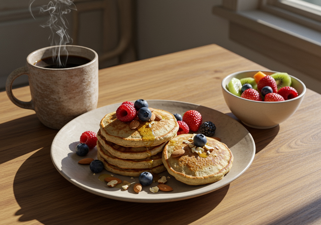 A fully prepared breakfast spread featuring the almond flour pancakes with various toppings, alongside a cup of coffee and a small bowl of fruit, emphasizing a wholesome morning meal.