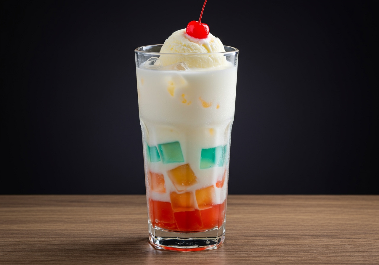 A fun, colorful photo of a Calpis jelly float in a tall glass. Shows translucent Calpis jelly pieces at the bottom, a milky white drink above, topped with a scoop of vanilla ice cream and a red cherry. Playful, dessert-like vibe.