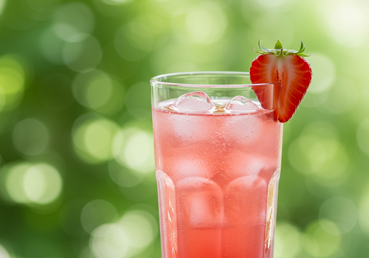 A glass filled with ice and a diluted fruit vinegar drink, possibly with a fruit slice garnish.