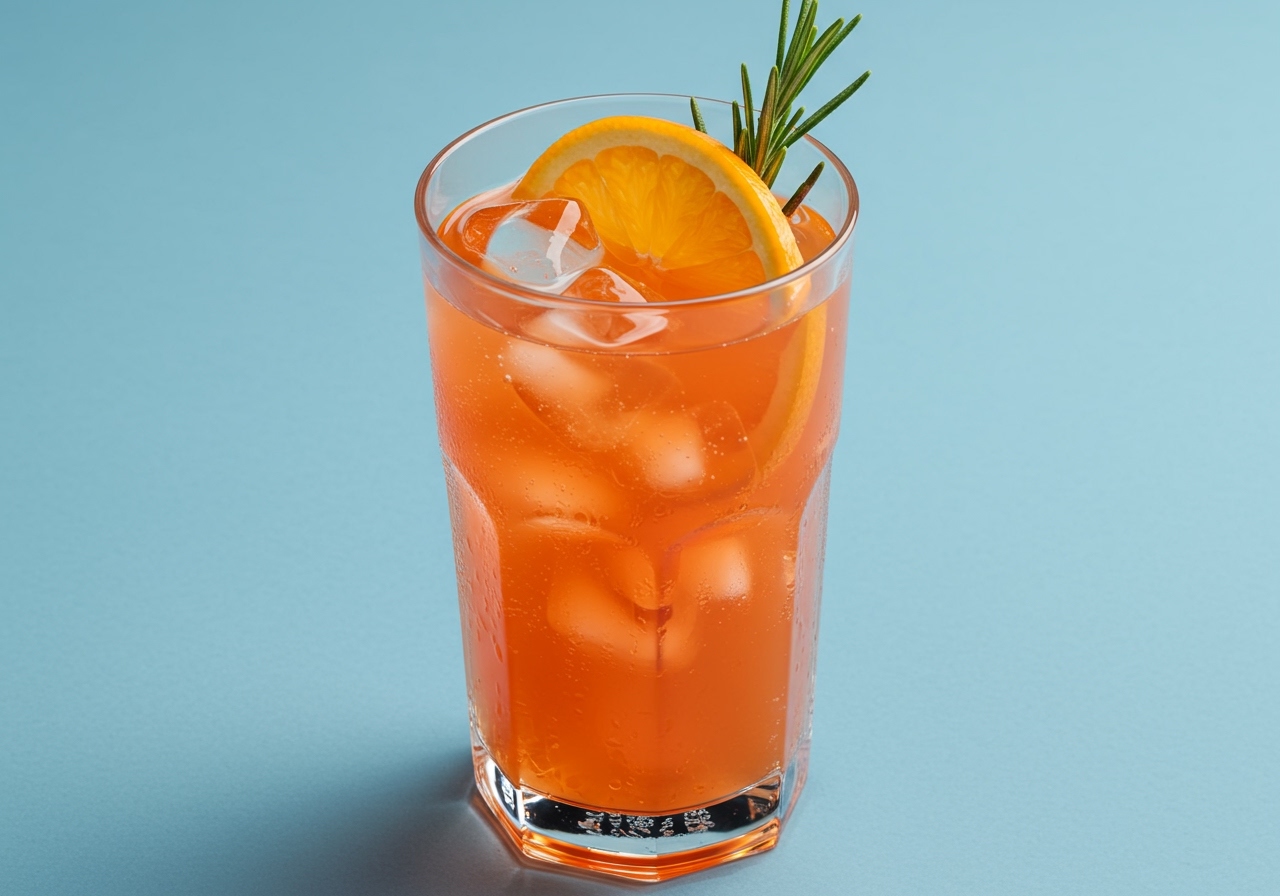 A glass filled with orange liquid and ice, garnished with an orange slice and a sprig of rosemary.