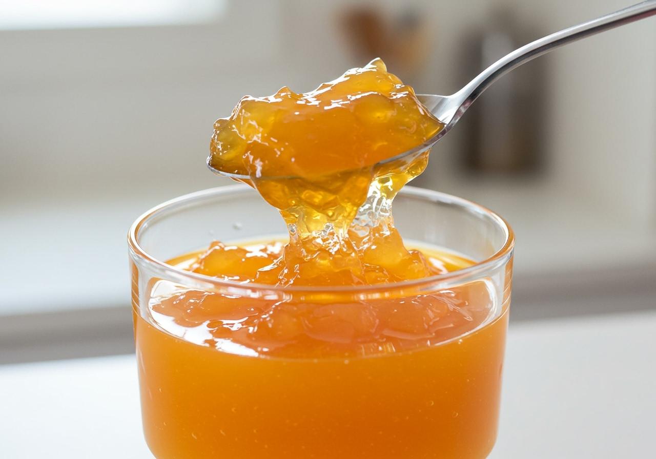 A glass full of vibrant orange juice jelly, with a spoon scooping out a portion, showing the wobbly texture. Simple kitchen background.