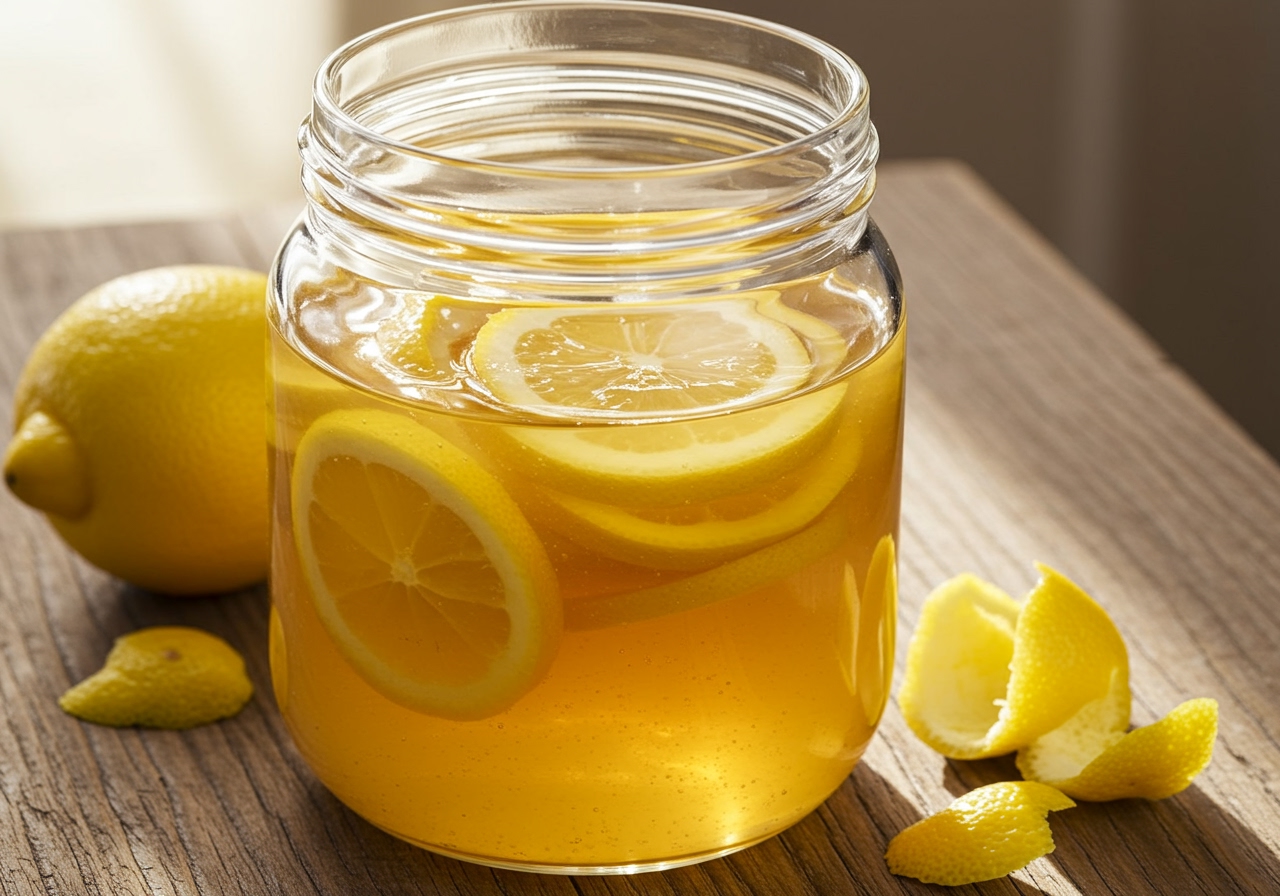 A glass jar filled with homemade lemon syrup with lemon slices visible inside, placed on a wooden table.