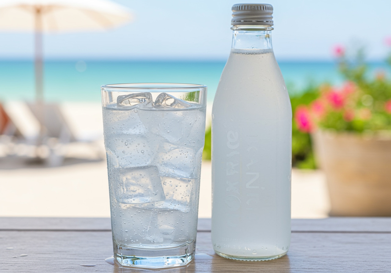 A glass of clear electrolyte drink with ice cubes, next to a bottle of the drink on a bright summer background.