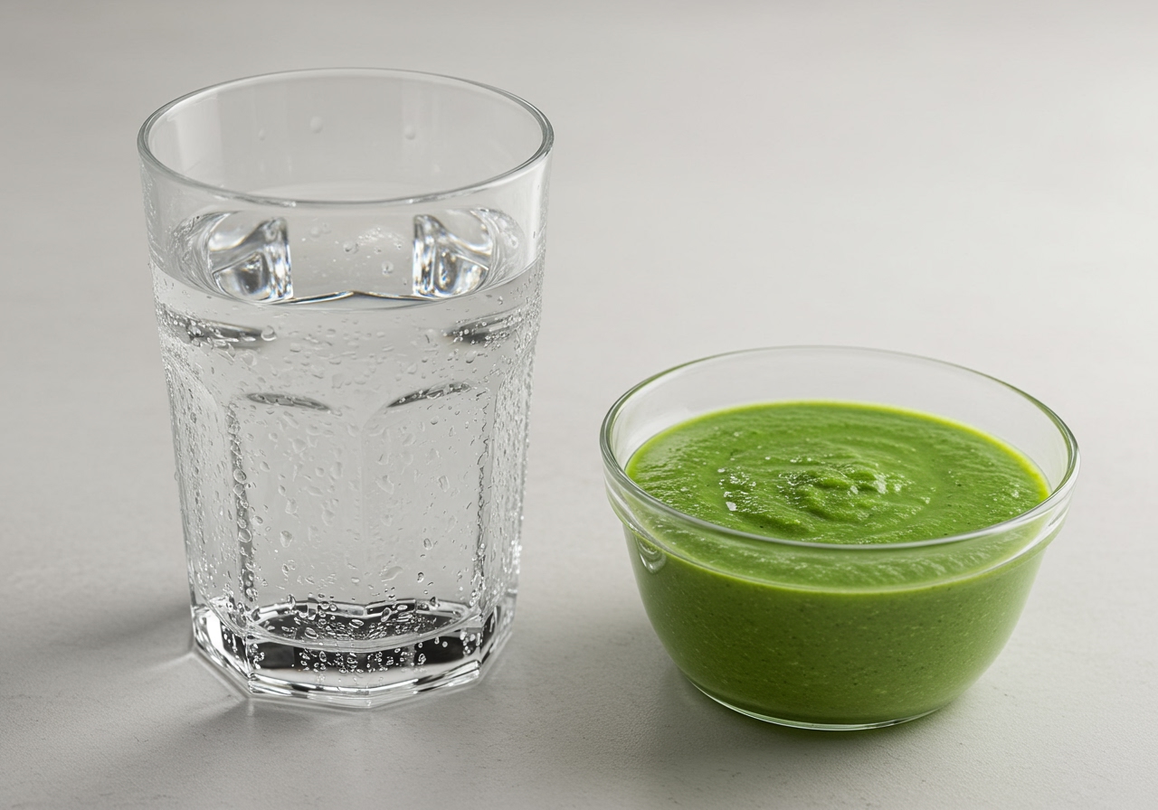 A glass of clear water next to a small bowl of blended soup, emphasizing hydration alongside nutrition.
