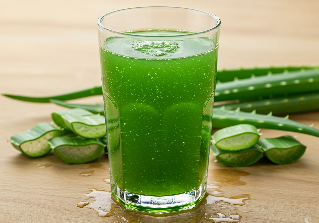 A glass of green aloe vera juice with fresh aloe leaves in the background, suggesting natural gut health support.