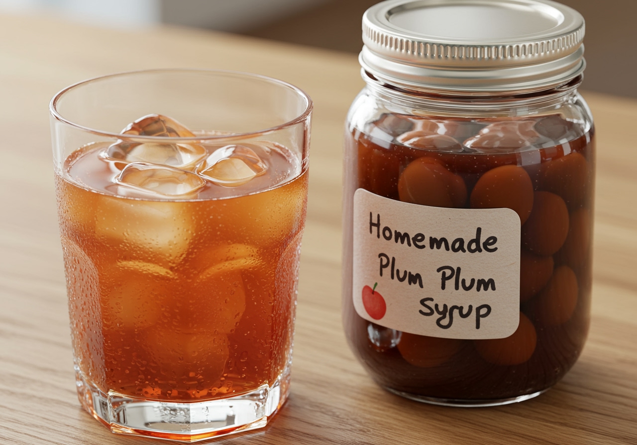 A glass of homemade plum juice (ume juice) with ice, next to the finished jar of plum syrup