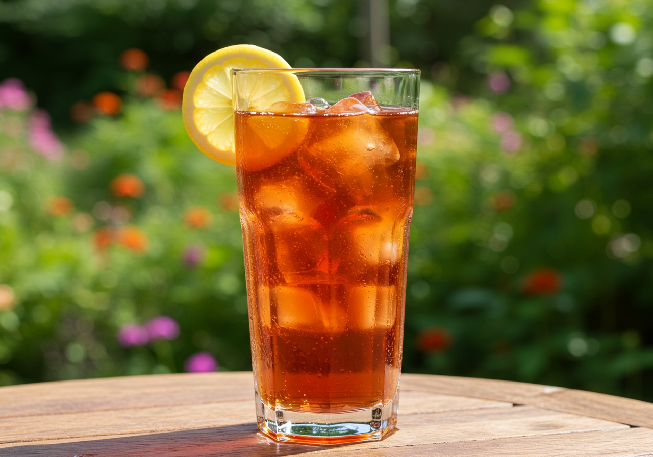 A glass of iced rooibos tea with ice cubes and a slice of lemon, in a refreshing outdoor setting.