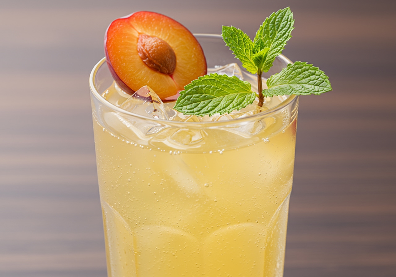 A glass of iced ume juice with a slice of ume plum and a mint leaf garnish.