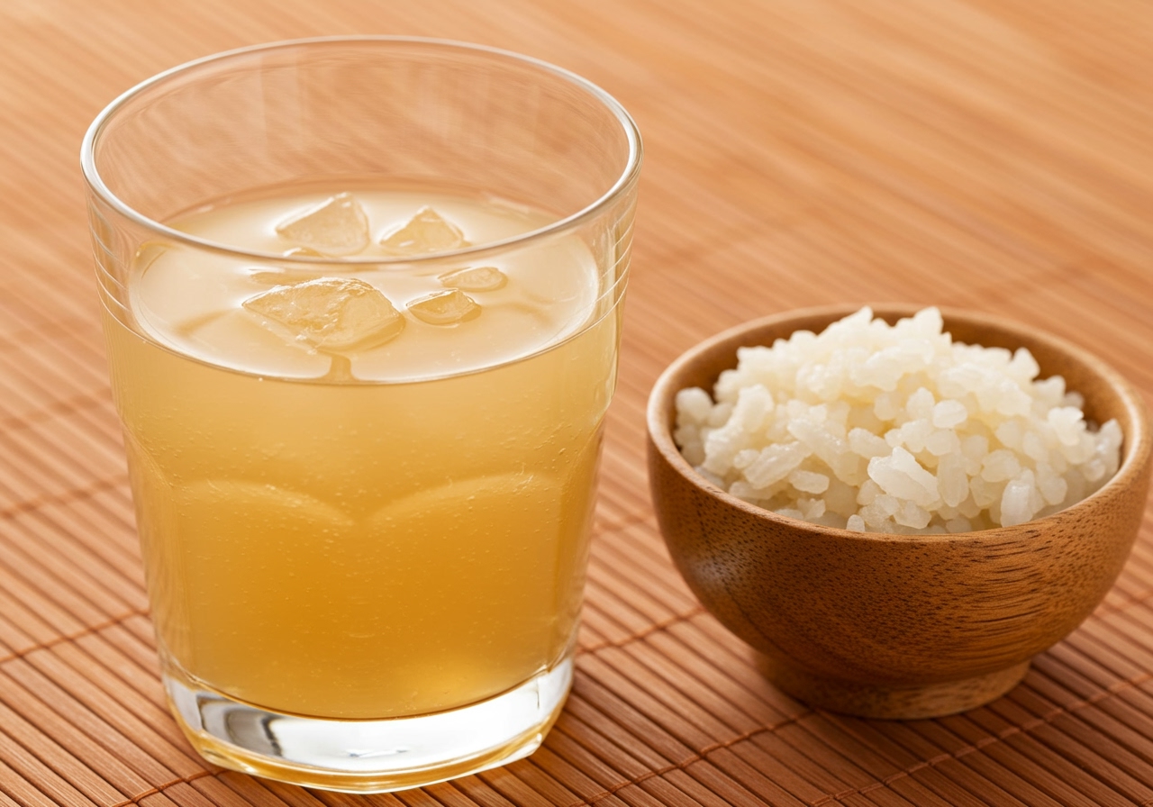 A glass of Japanese Amazake (sweet fermented rice drink), possibly with a bowl of rice麹 nearby.