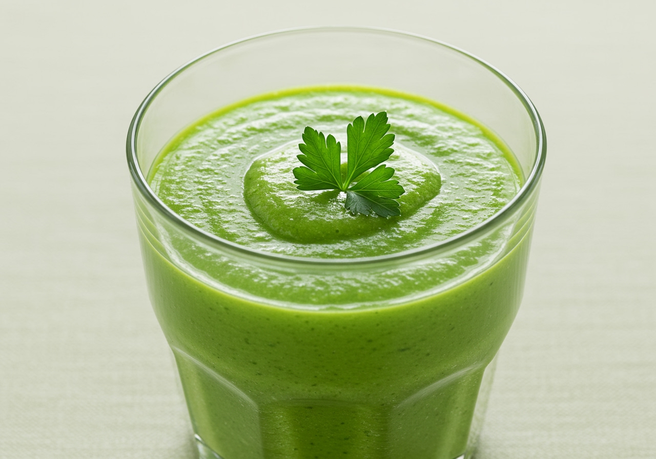 A glass of smooth, green-tinged blended soup, showing a hint of thickness. Perhaps a gentle garnish of a single parsley leaf on top.