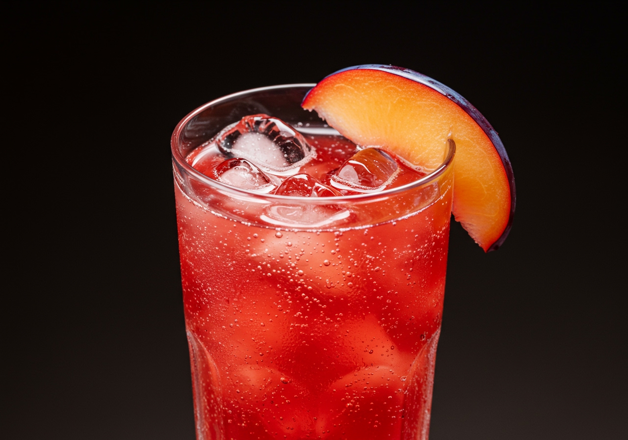 A glass of sparkling plum juice with ice and a slice of plum, looking refreshing