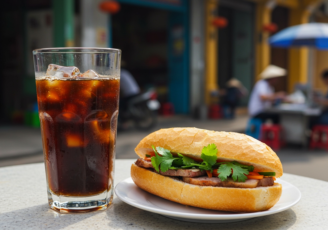 A glass of Vietnamese iced coffee (Ca Phe Sua Da) next to a Banh Mi on a plate.