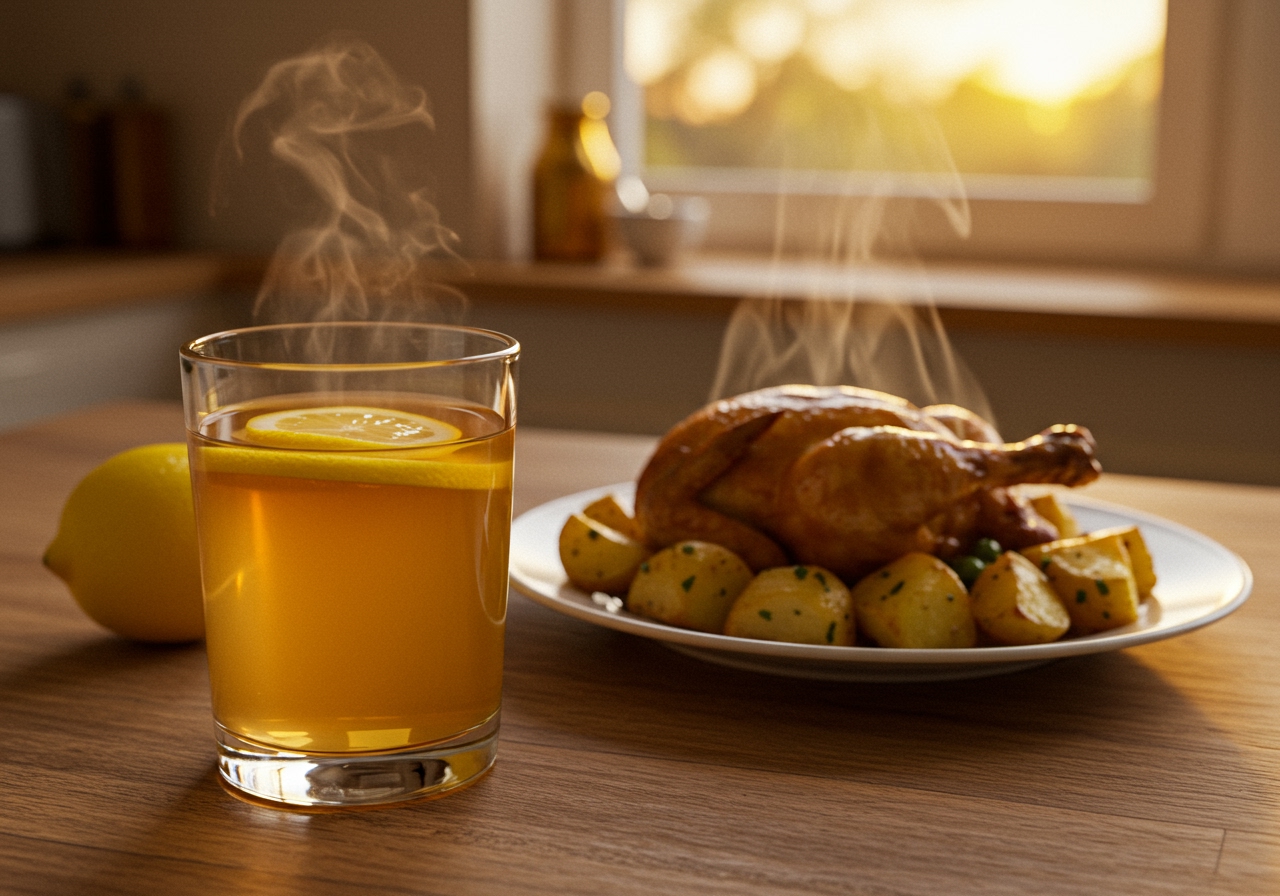A glass of warm lemon and honey water with a slice of lemon, placed on a table next to a meal.
