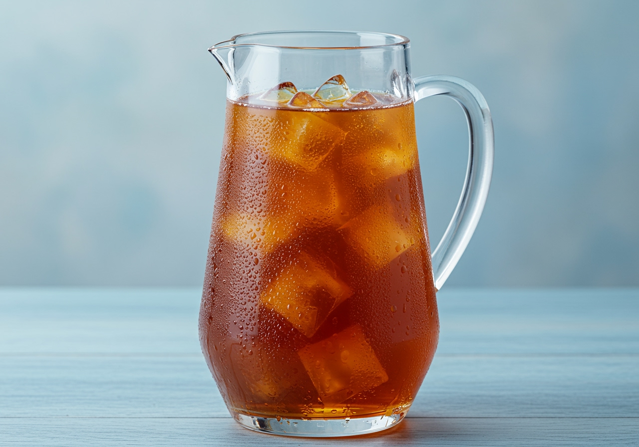 A glass pitcher filled with iced barley tea, condensation on the outside, with a few ice cubes floating.