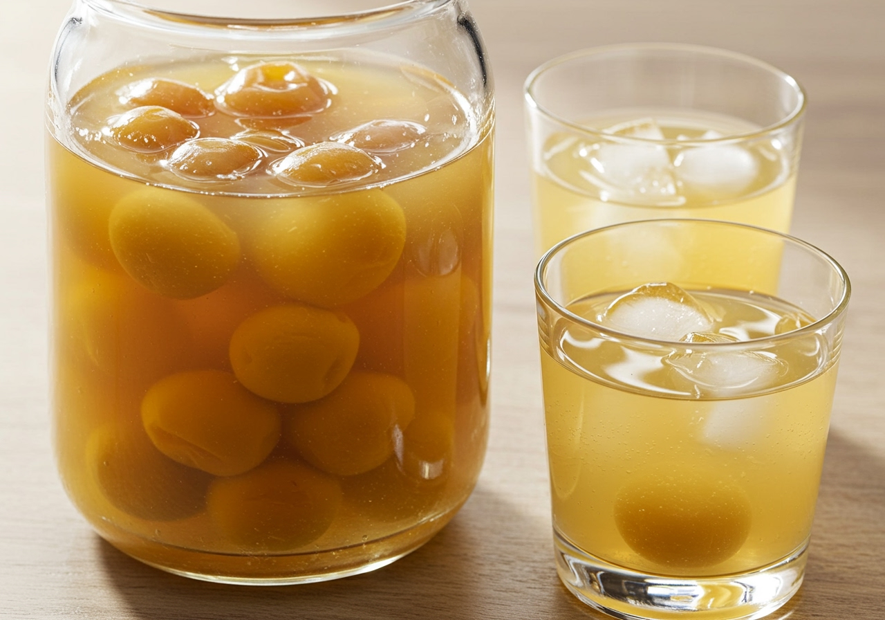 A glass preserving jar filled with completed ume juice, next to a couple of glasses of diluted ume juice, one with ice.