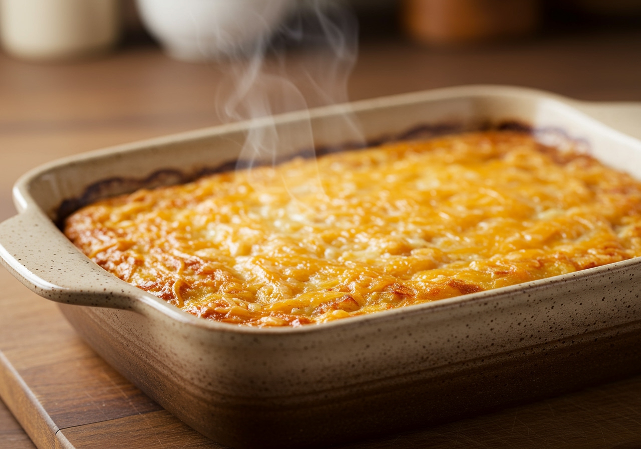 A golden-brown, bubbly hash brown casserole just out of the oven, topped with melted cheese, in a ceramic baking dish. Steam gently rising.