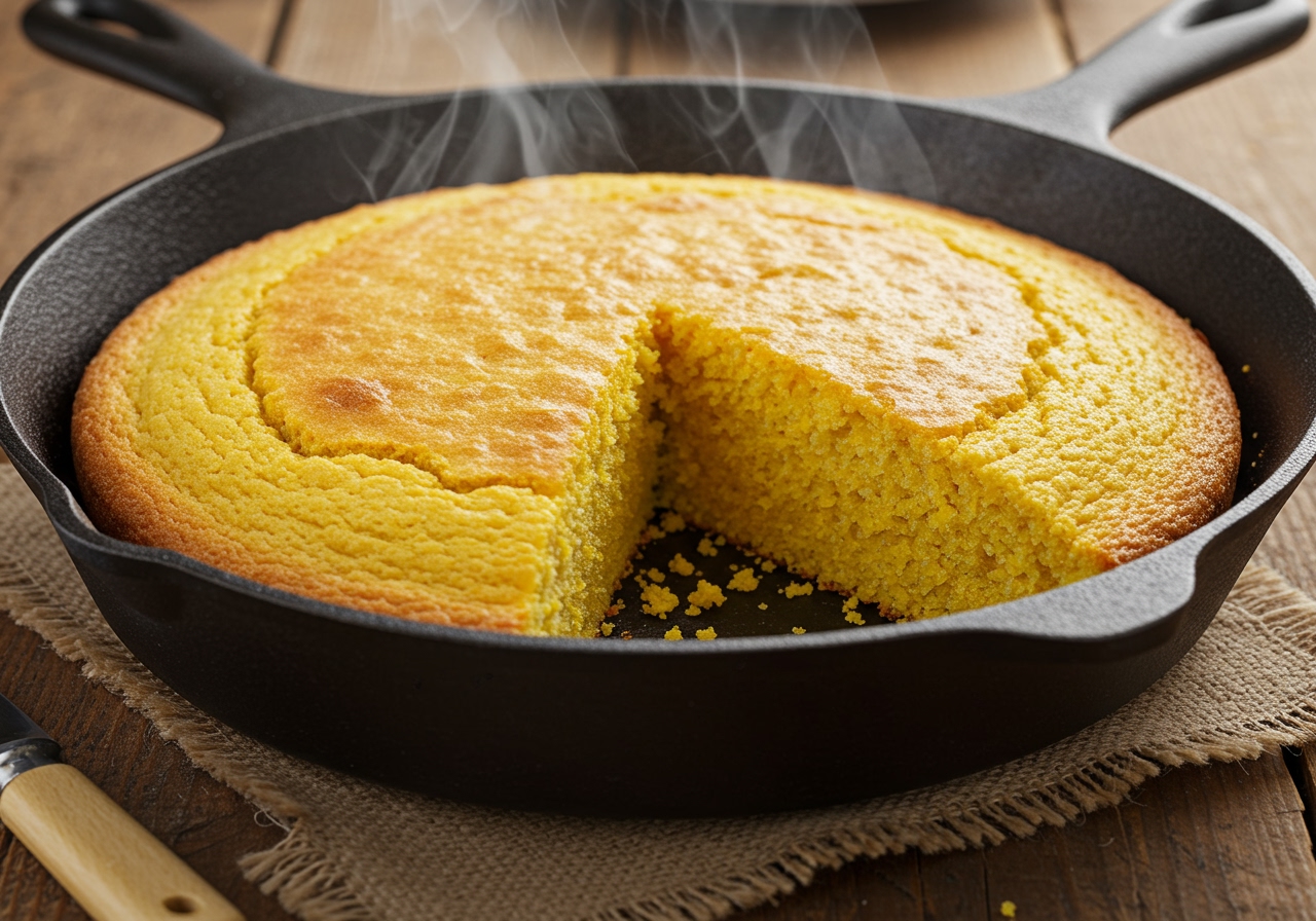 A golden-brown cornbread loaf baked in a cast-iron skillet, steaming slightly, with a slice cut out, ready to be served.