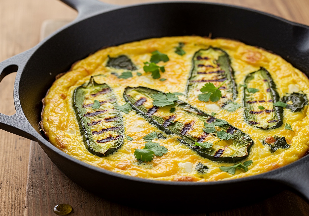 A golden brown grilled poblano frittata in a skillet fresh out of the oven.