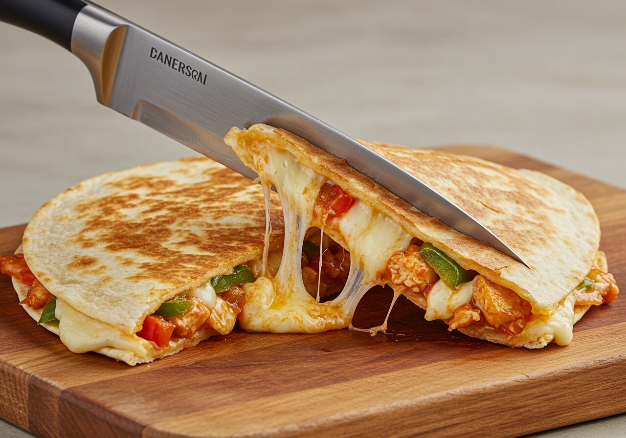 A golden-brown quesadilla being sliced on a cutting board, showing the melted cheese and filling inside